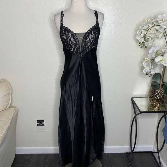 Victoria's Secret Other - VTG Victoria's Secret Gold Label Satin Long Nightgown Slip Black SLITS Size P